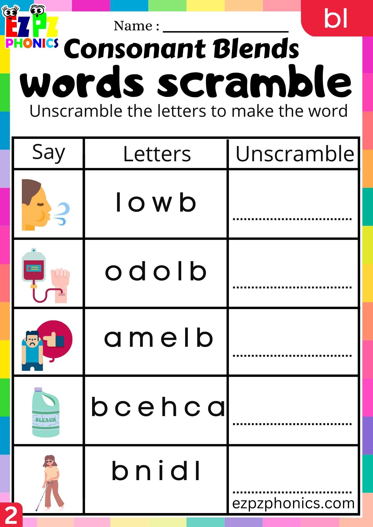 Group Bl Words Words Scramble Phonics Consonant Blends Worksheet